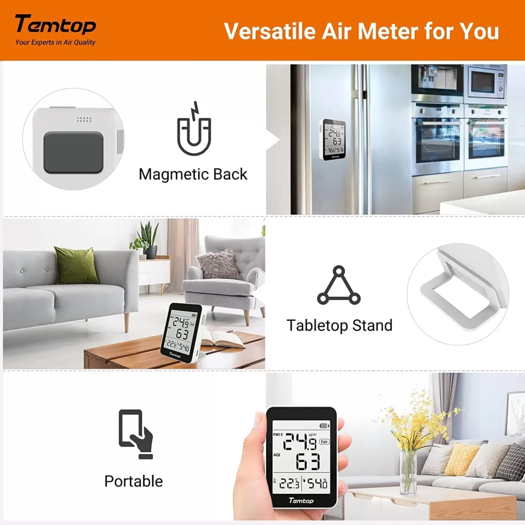 Temtop Air Quality Monitor, Indoor Thermometer Portable AQI PM2.5, Temperature, Humidity Detector for Home, Office or School, Air Quality Tester, Battery Powered, Magnetic Suction