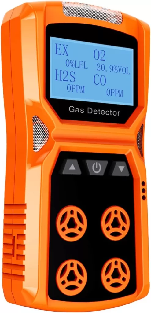 Gas Detector, CHNADKS 4 Gas Monitor H2S,O2,CO and LEL Multiple Indicator with Vibration, Audible, Visual 4 Gas Monitor Personal Rechargeable Gas Sniffer Alarm with LCD