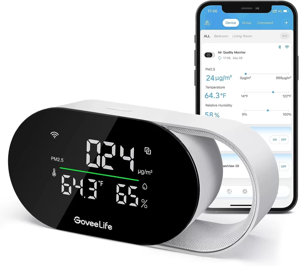 GoveeLife Smart Air Quality Monitor, Indoor Air Quality Meter Detects PM2.5, WiFi Temperature Humidity Sensor, with LED Display and Clock, 2s Refresh, 2-Year Free Data Storage Export, for Home, Office